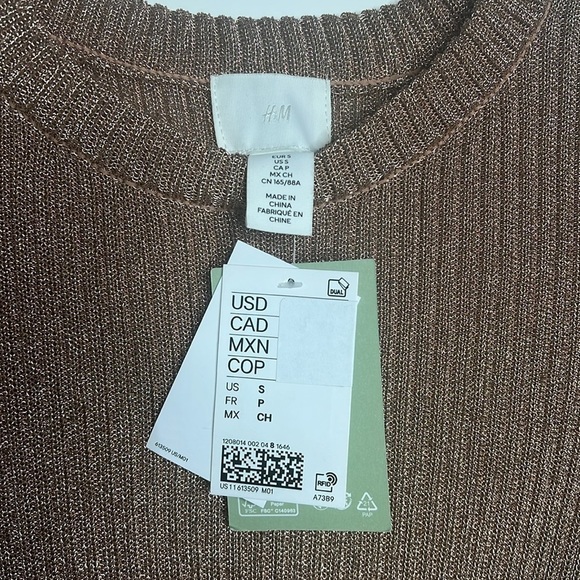 H&M Sz S Bronze Rose Gold Metallic Rib Knit Short Sleeve Sweater - New with Tags - Picture 6 of 6